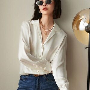 V-Neck Lapel Collar Silk Blouse